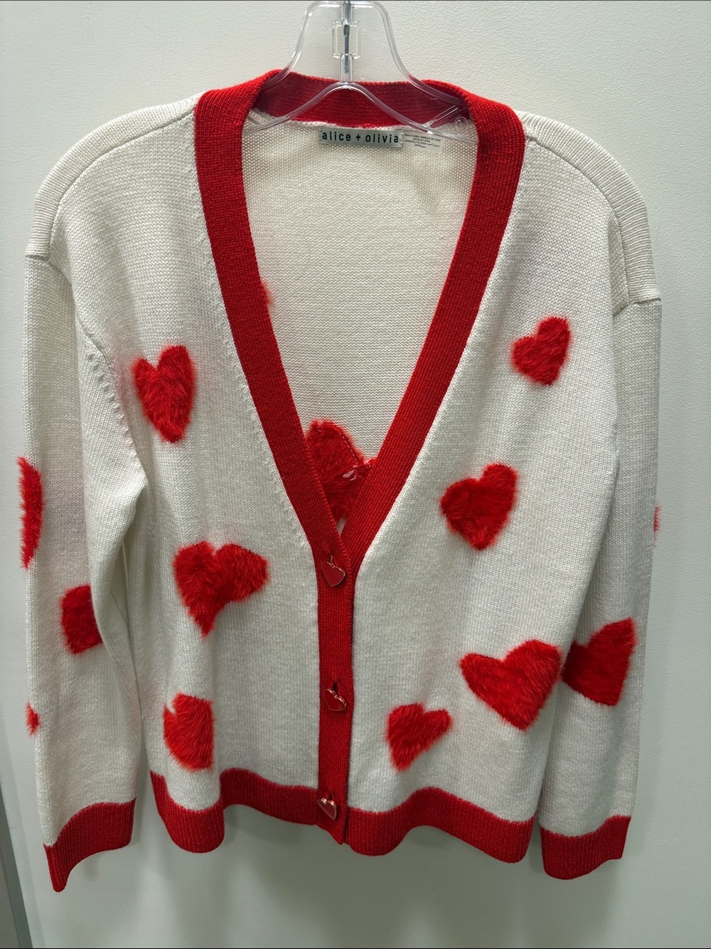 Alice + Olivia Cream Cardigan with Red Trim and Hearts